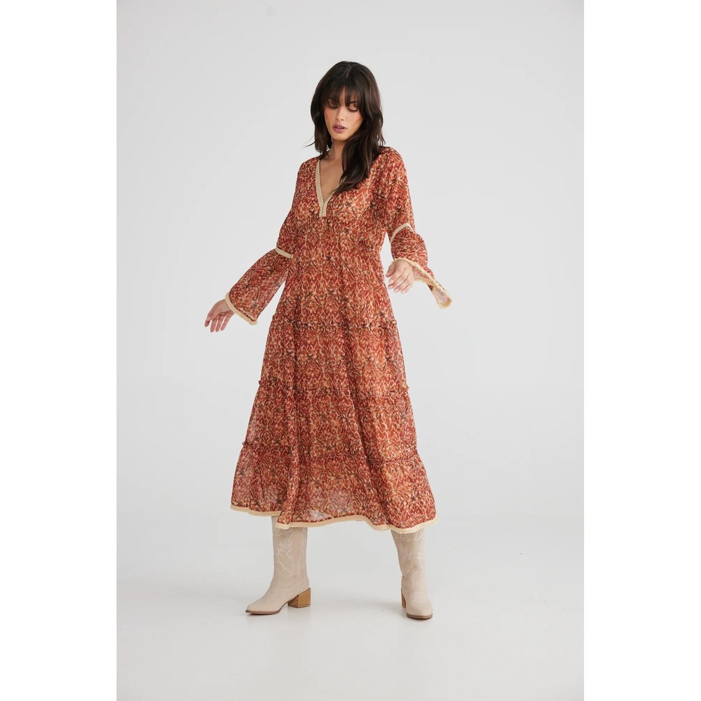 Talisman Boho Maxi Dress XL‎ Orange Terracotta Paisley Bell Sleeve Festival Gown